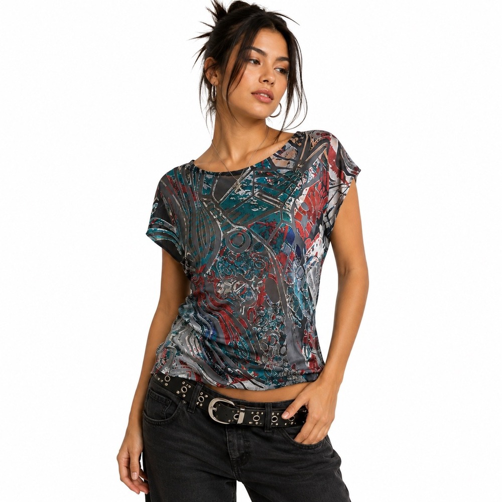 Lezley George London Women Abstract Mesh Sheer Dolman‎ Top Multicolor Y2K Size M